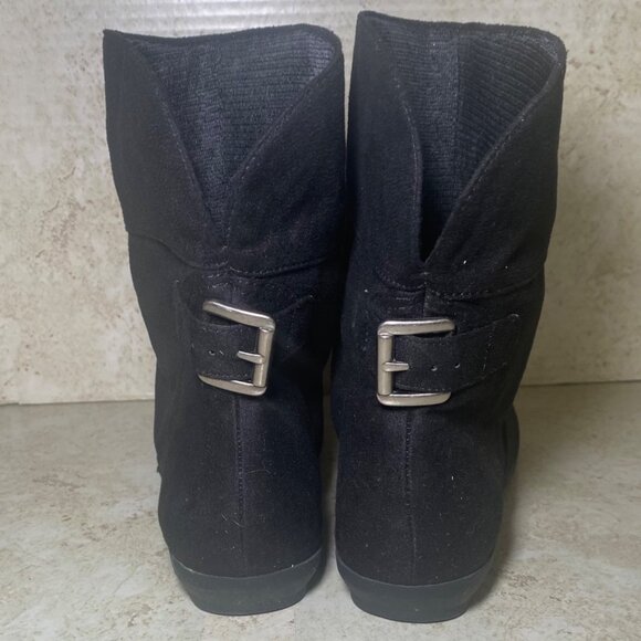Black Faux Suede Slip On Ankle Boots With Buckle Detail & Rubber Sole - Picture 3 of 7